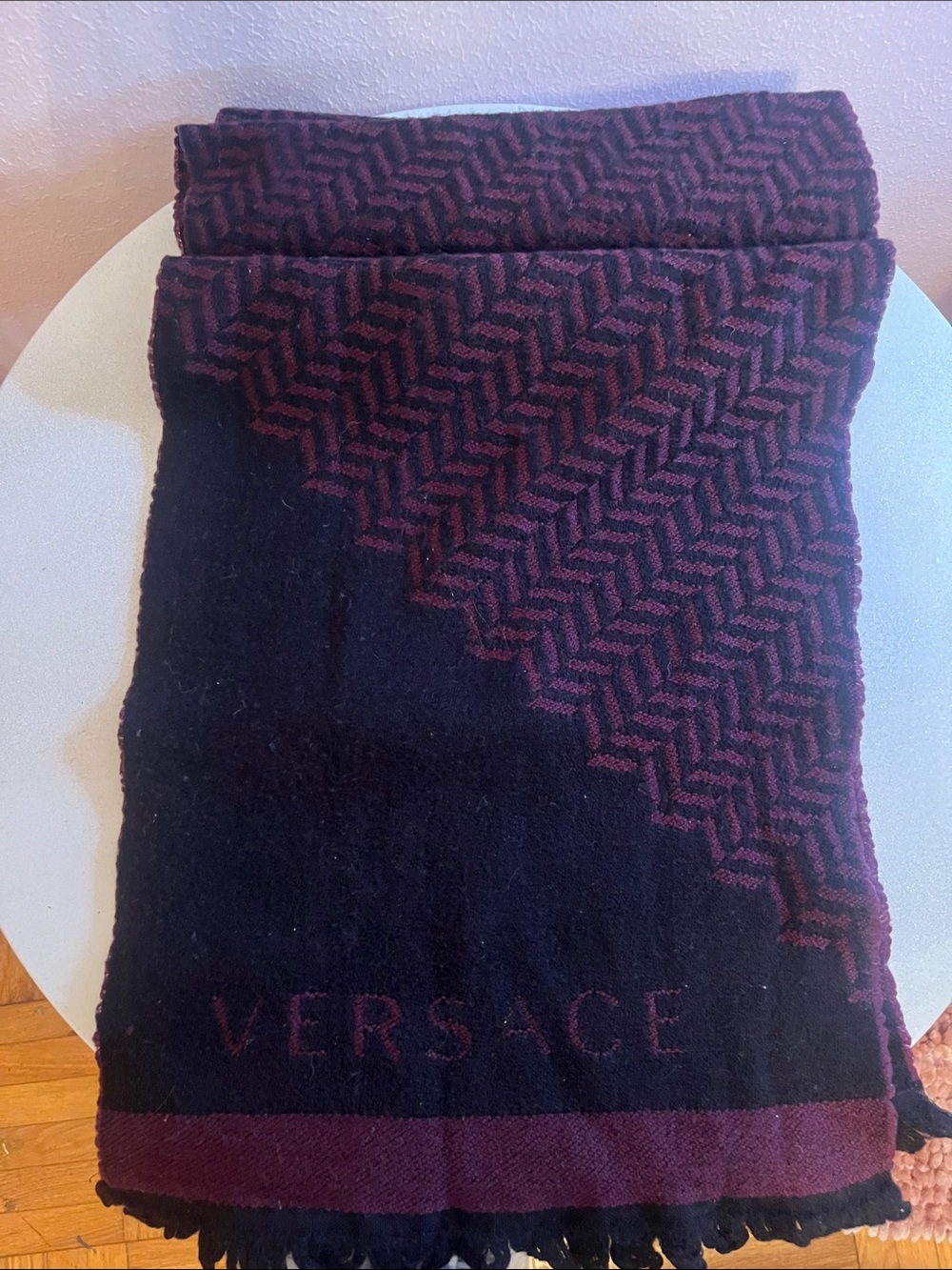 Versace Black and Burgundy Zigzag Logo Scarf 100% wool